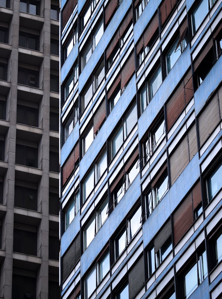 Dynamic view of high-rise buildings showcasing contemporary urban architecture.